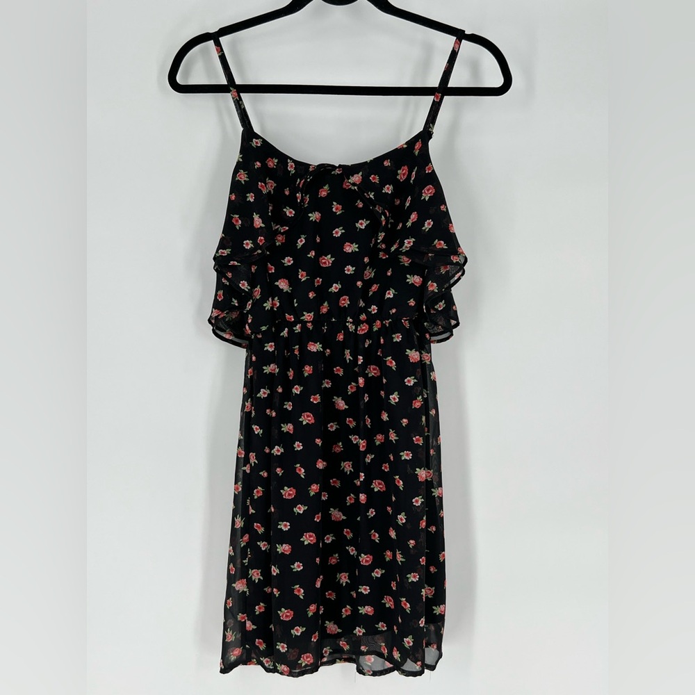 FOREVER 21 BLACK FLORAL MINI  DRESS W//PINK ROSES FULLY LINED W/LINGERIE‎ STRAPS